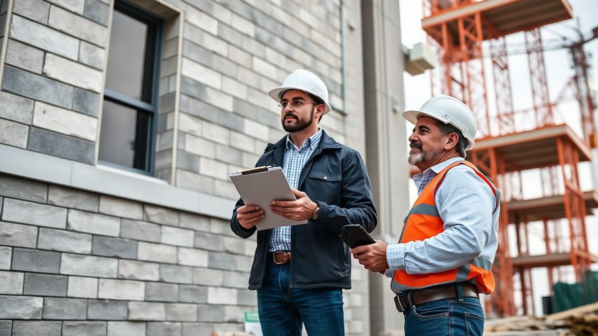 Engenheiros inspecionando uma edificação antes do início da obra