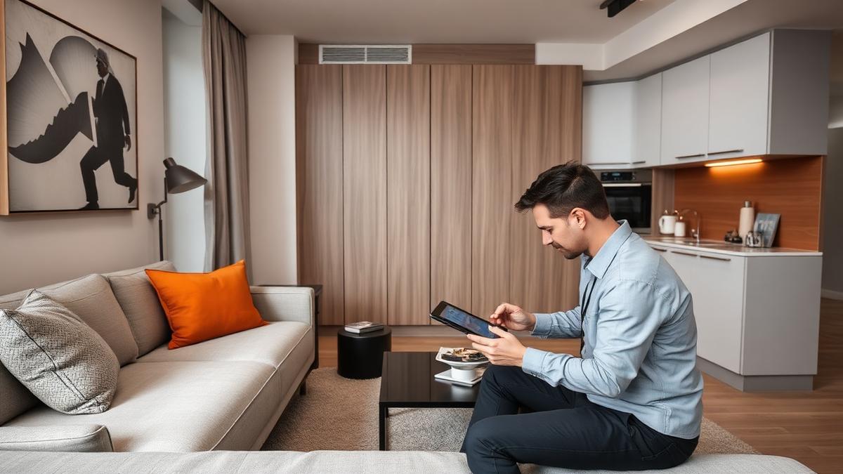 Profissional vistoriando os itens de um apartamento mobiliado